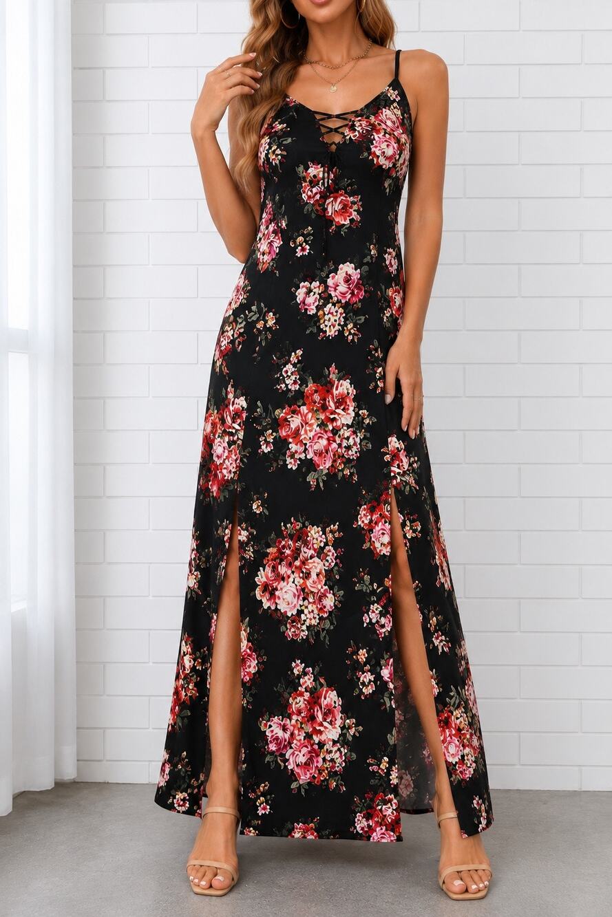 Venus Floral High Low Maxi Dress Womens L Black Pink Rose Print Lace Up